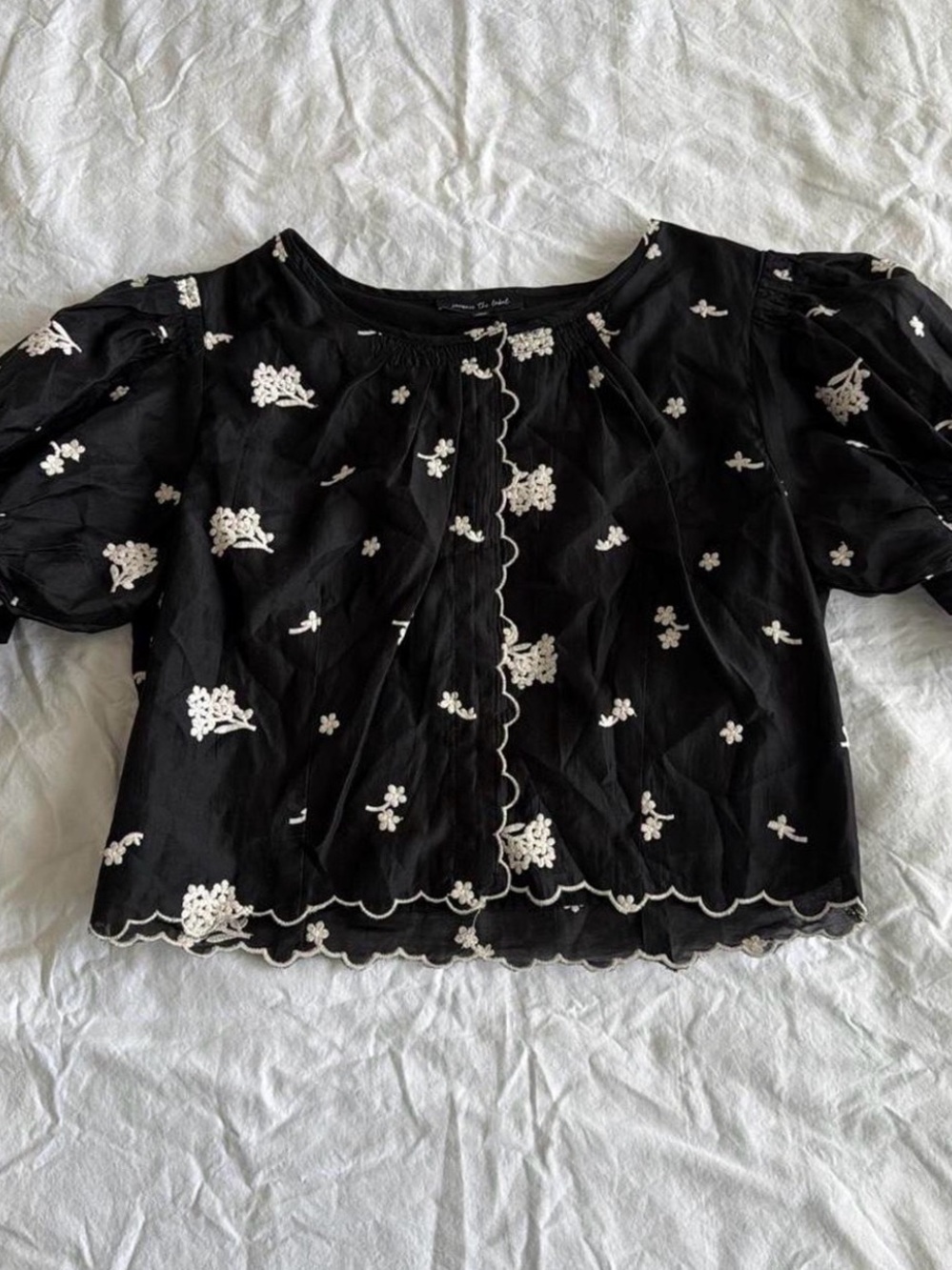 Jacqui E Black Blouse with White Floral Embroidery